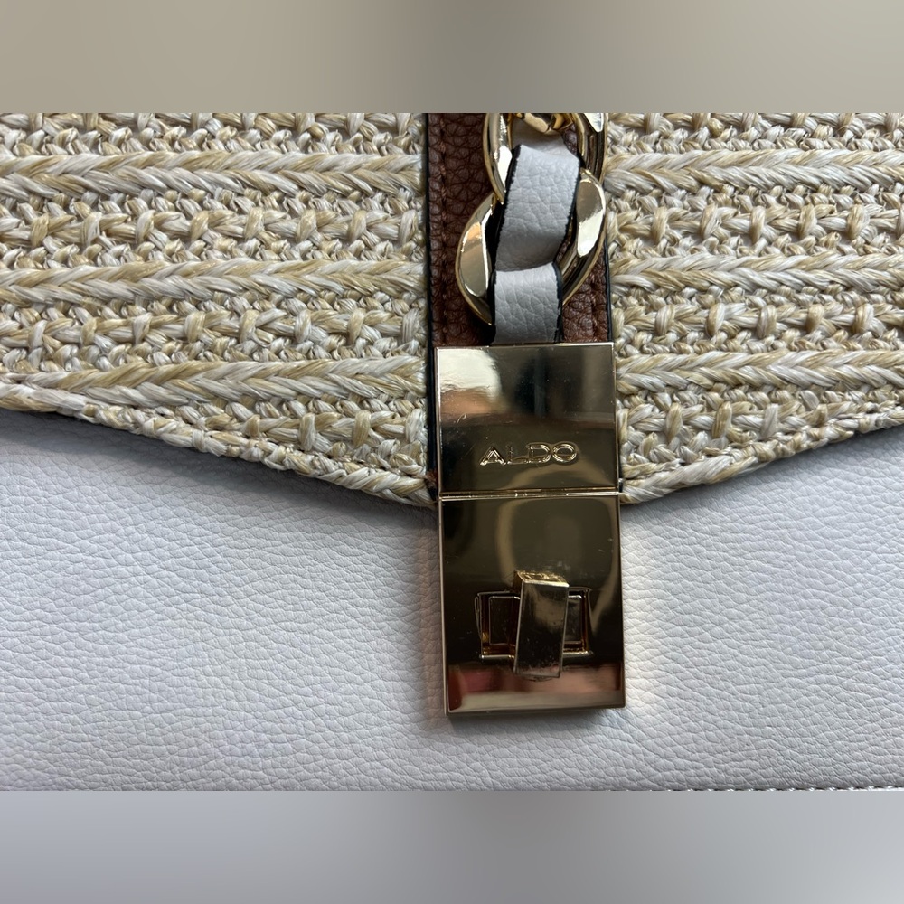 ALDO with Brown/Cream Flap Closure Top Handle Crossbody Strap Gold Hardware Bag - Picture 3 of 13